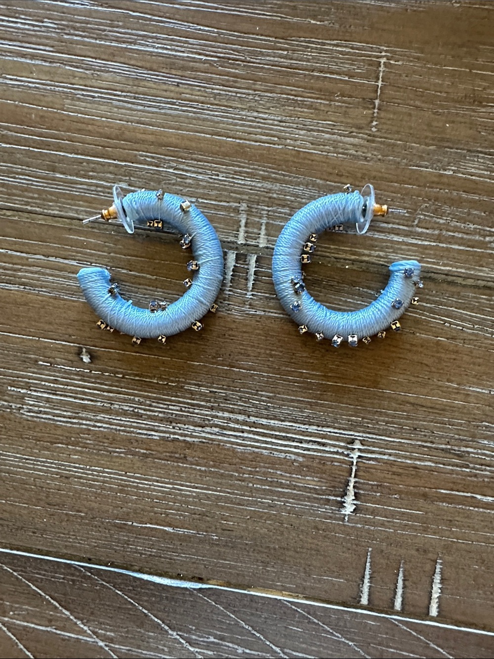 Light Blue Thread-Wrapped Hoop Earrings with Gold Bead Detail